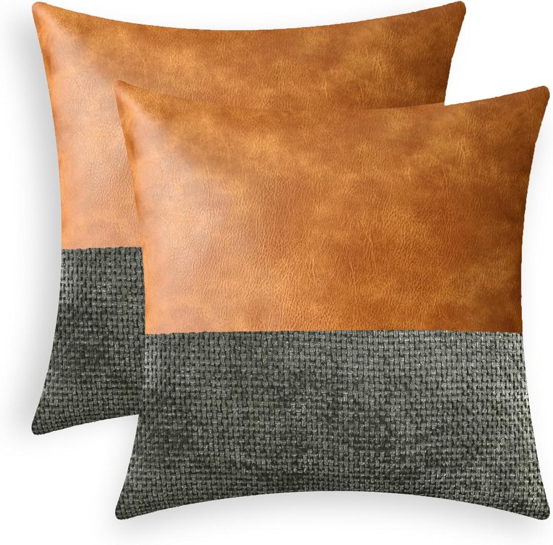 CaliTime Throw Pillow Covers Pack of 2 Soft Faux Leather Solid Dyed Cross Chenille Cushion Cases for Couch Sofa Home Decoration 18 X 18 Inches Black