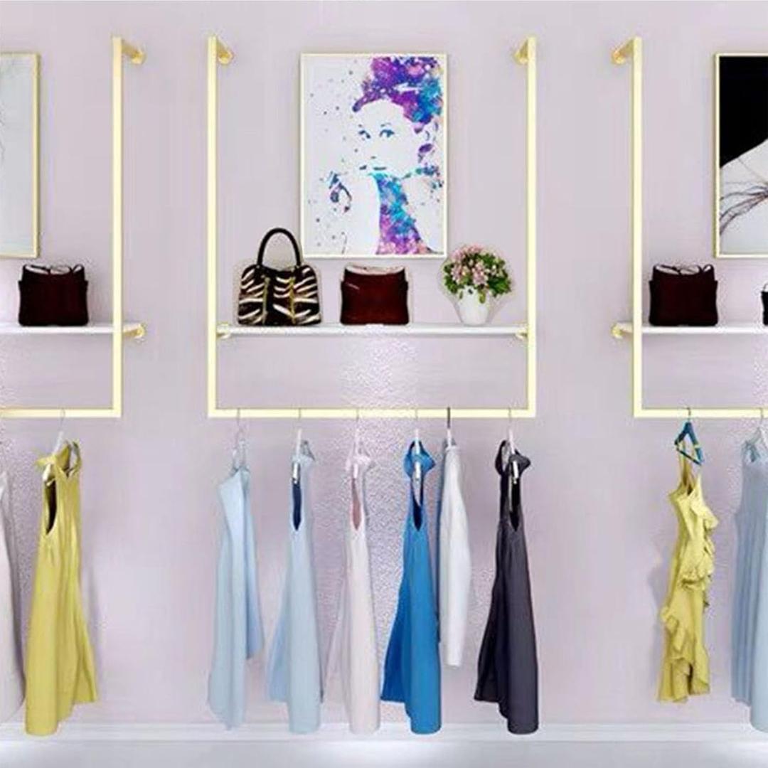 Clothing Store Square Tube Metal Display Stands, Entrance Porch Organization Hanging Garment Rack,Wall Mounted Storage Clothes Shoe Bag Pipe Shelf Bookshelf (Gold, 39" L)