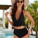Edelqual Women High Waisted Bikini Sets Two Piece Swimsuit Ruffle Tummy Control Halter V Neck Bathing Suit 2026 Summer (Black, XL)