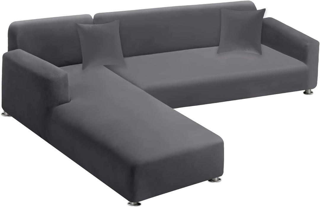LA MEACK Sectional Couch Covers 2-Piece Softness L Shaped Sofa Cover Super Stretch L-Type Couch Slipcover with 2Pcs Pillowcases Sofa Slipcover 3 Seater + 3 Seater Furniture Protector (Light Grey)