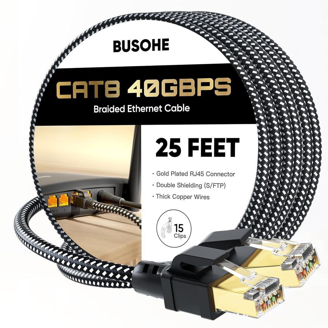 BUSOHE Cat 8 Ethernet Cable 25 FT, High Speed 40Gbps 2000Mhz Braided Network Internet Cable with Gold Plated RJ45 Connector, Heavy Duty LAN Cable S/FTP UV Resistant for Router/Gaming/PC, 15 Clips