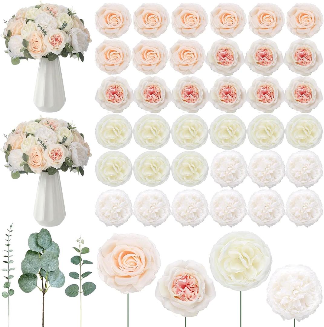 98 Pcs Artificial Flowers Bouquet Assorted Faux Flowers Heads with Stem Eucalyptus Leaves Silk Floral Table Centerpiece for DIY Wedding Party Wreath Home Decor(Champagne Color)