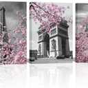 iKNOW FOTO Paris Wall Decor for Bedroom & Bathroom - 12x16 Framed Canvas Prints Set, Eiffel Tower, Notre Dame, Arc de Triomphe with Cherry Blossom - Pink, Black & White Modern Home Art