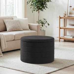 22" Round Storage Ottoman,Boucle Sherpa Ottoman with Tray, Faux Teddy Foot Rest Coffee Table for Bedroom Dorm Living Room,Dark Grey