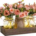 3 Pcs Mason Jar Centerpiece Table Decorations for Dining Table Decor Farmhouse Coffee Table Decor with Wood Tray and Led Light Table Centerpieces for Dining Room Kitchen Living Bathroom,Pink