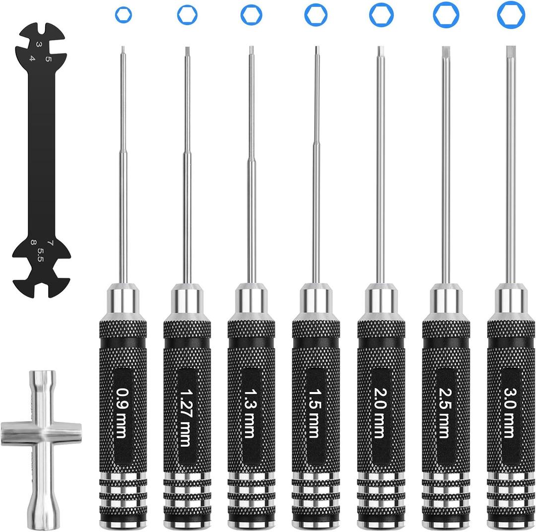 RC Hex Screwdriver Tool Set: 0.9mm 1.27mm 1.3mm 1.5mm 2.0mm 2.5mm 3.0mm Screwdriver Kit with Hex Nut Driver and RC Car Wrench Tool Kit for Multi-Axis FPV Racing Drone Quadcopter Helicopter