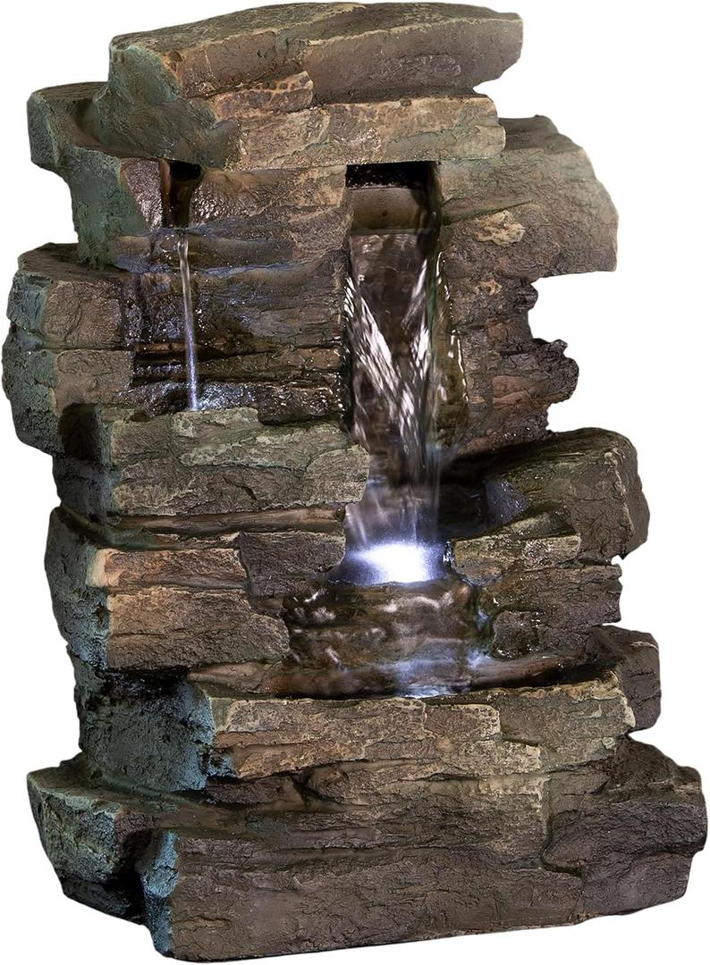 Alpine Corporation 13" Tall Indoor Tabletop Water Fountain, 4 Tier Cascading Water Feature with LED Lights for Home, Office, Living Room, or Zen Decor, Gray