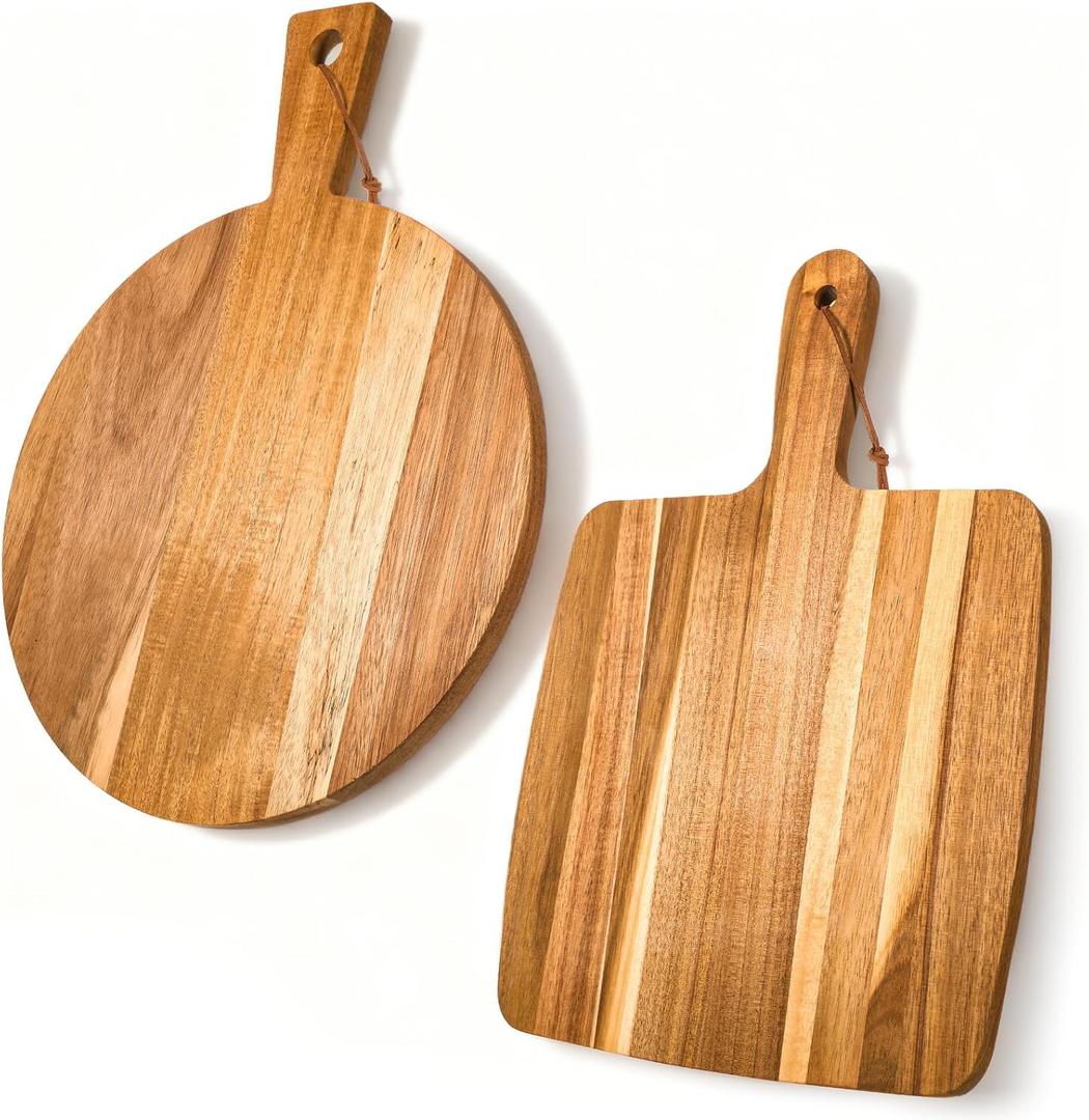 2 Pcs Acacia Wood Cutting Board with Handle, Decorative Wooden Serving Chopping Board Large Butter Charcuterie Butcher Blocks Tray for Kitchen Pizza Cheese Meat Vegetables Fruit Bread Baking