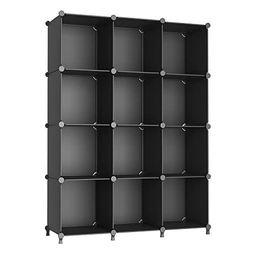 AWTATOS Cube Storage Organizer Closet Storage Shelves DIY Stackable Plastic Storage 12 Cube Bookshelf, Ideal Storage Organizer for Closet, Home, Bedroom, Black