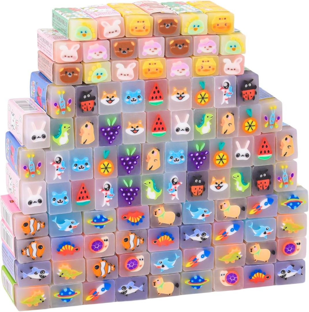 LiYiQ 100-Piece Kawaii Cute Animal Pencil Eraser for Kids, Back to School Supplies, Non-Toxic Rubber, Rectangular