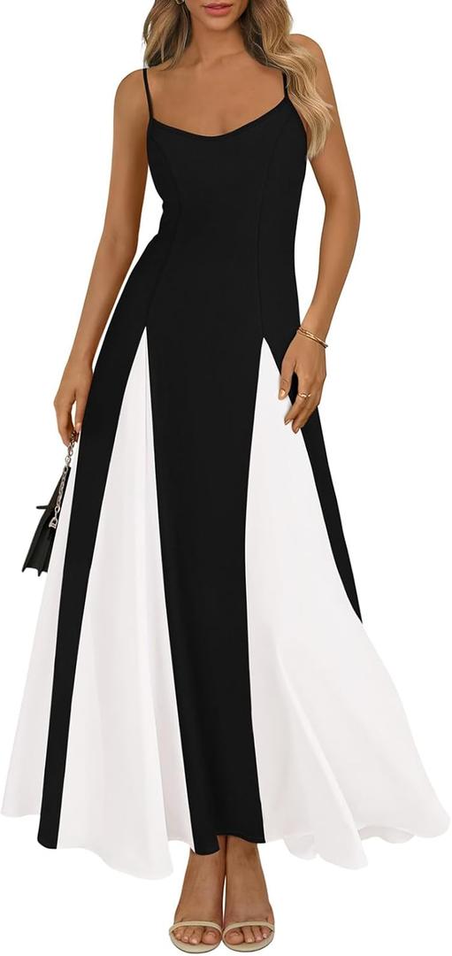 PRETTYGARDEN Spaghetti Strap Backless Summer Dresses for Women 2025 Flowy Maxi Dresses Sleeveless Wedding Guest Dress (Small, Black White)