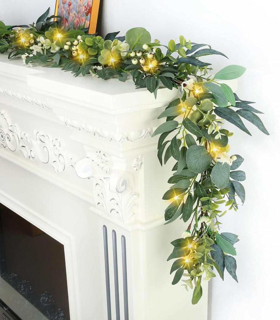 Artgar Eucalyptus Garland with Lights - 6 Ft Greenery Garland - Artificial Silver Dollar Olive Garlands, Spring/Summer Green Garlands for Indoor Outdoor Home Decor Wedding Arches Backdrops Table Decor