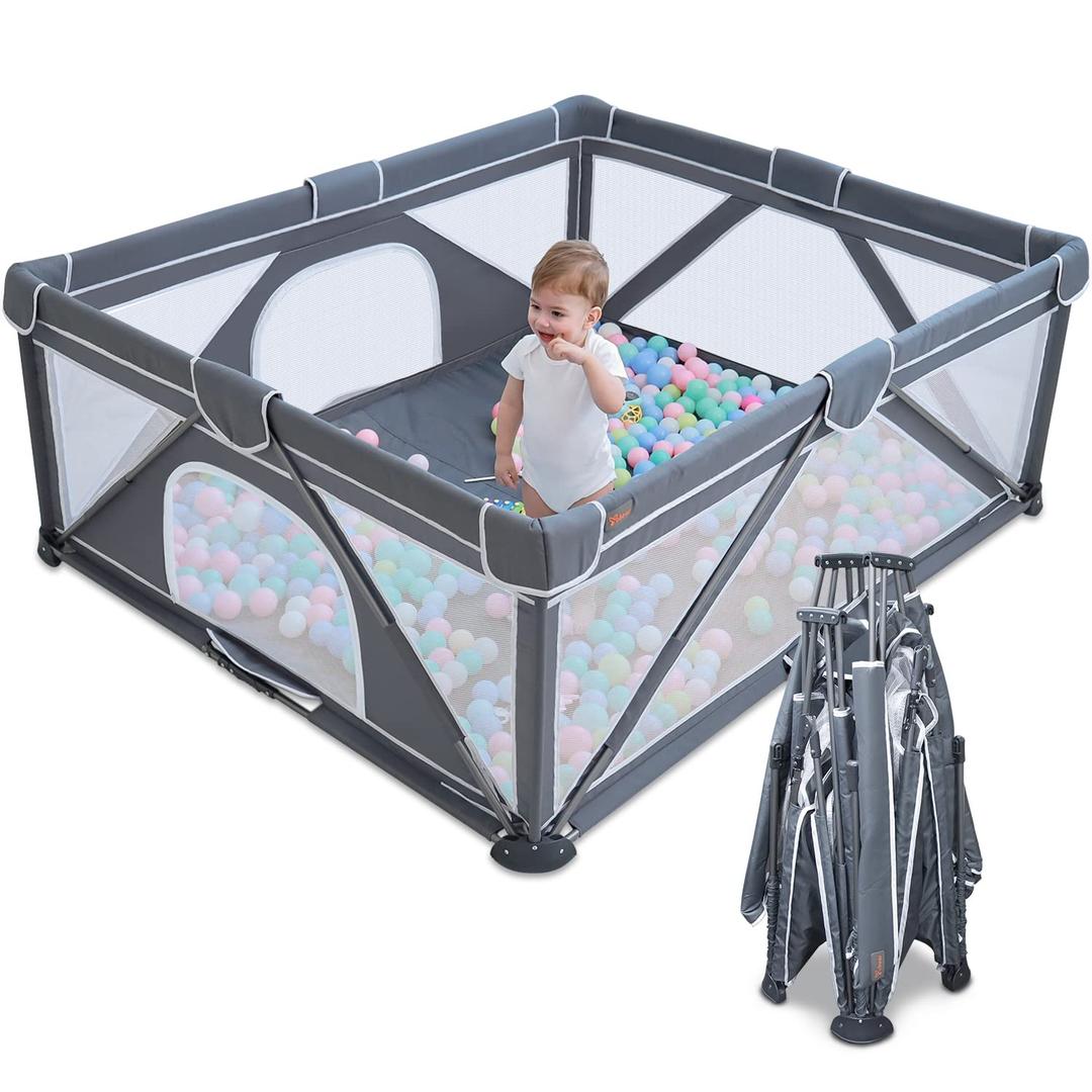 Yobear Foldable Baby Playpen (59"x59") - Portable Play Yard for Babies and Toddlers with 50 Ocean Balls, 2 Pull Handles & Carry Bag - Easy Setup Safe Indoor Outdoor Kids Activity Center (Dark Grey)