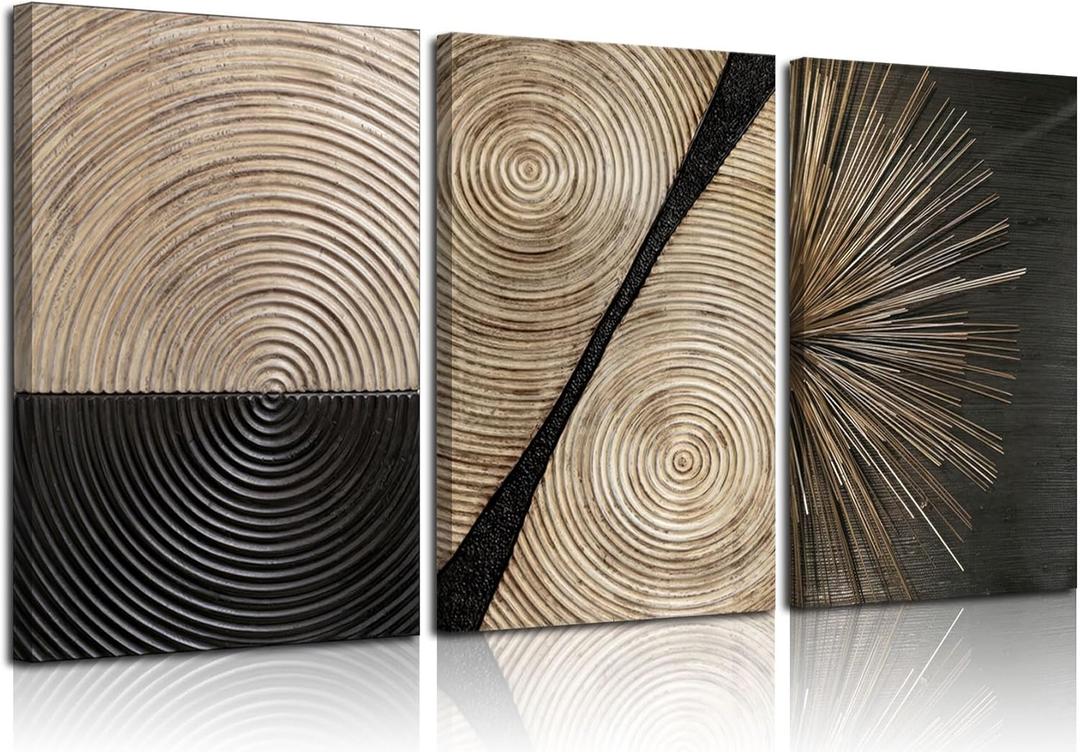 3Pcs Retro Wood grain Abstract Canvas Wall Art Minimalist Black Golden Line Texture Wall Decor Pictures Neutral Geometric Beige Brown Poster Prints for Living Room Bedroom Home Decoration 16x24in