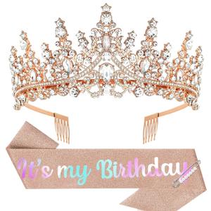 Birthday Crown Adult Woman & Glitter It's My Birthday Sash for Women Birthday Tiara for Women Princess Tiara Birthday Hat Birthday Headband for Parties Favors Rose Gold Birthday Decorations