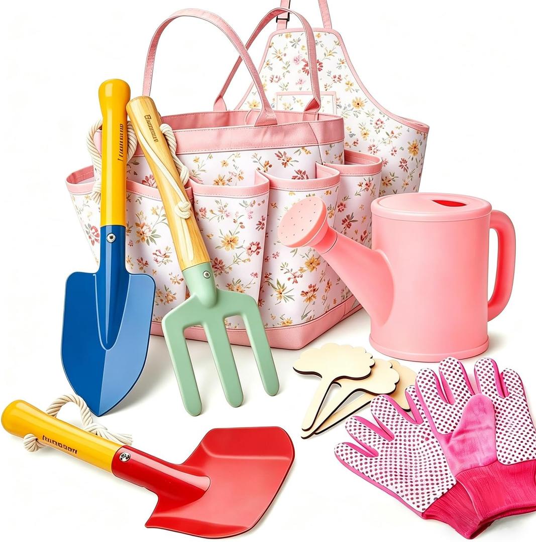Kids Gardening Tools Set Toddler Gardening Kit with Apron & Tote Bag, Shovel, Fork, Trowel and Gloves, Outdoor Gardening Toys Easter Gifts for Children Ages 3-10