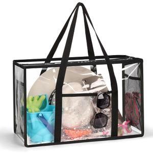 Clear Beach Tote Bag - Waterproof PVC Stadium Approved - Extra Large Transparent Bag for Pool, Concert (Black)