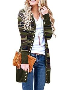 Womens Cardigan Lightweight Long Sleeve Snap Button Down Camouflage Knit Cardigan Sweater Green ,Size M