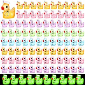 Gemscream 100 Pcs Mini Resin Ducks Luminous Summer Resin Ducks Figurines with Nurse Hat Glow in The Dark Tiny Animals Figures for Landscape Garden Potted Plants Party Decor