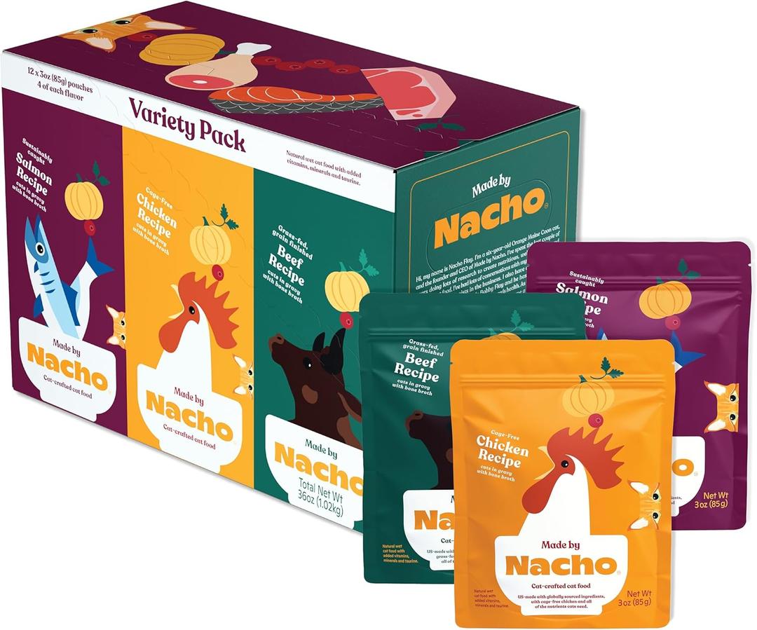 Made by Nacho Wet Cat Food Variety 12 Pack (3oz Each), Cage-Free Chicken, Sustainably Caught Salmon, Grass-Fed Beef with Bone Broth for Extra Hydration, Gravy Cut Pouches