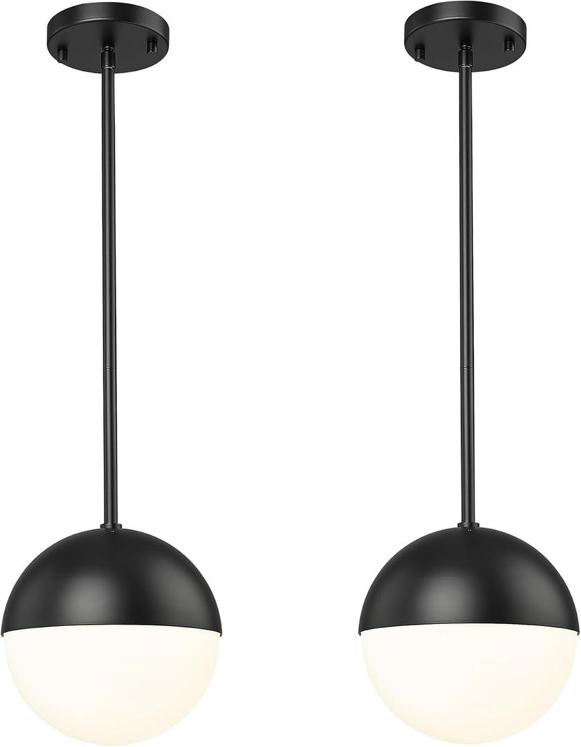 2-Pack Matte Black Pendant Lights, White Globe Glass, Adjustable Rod