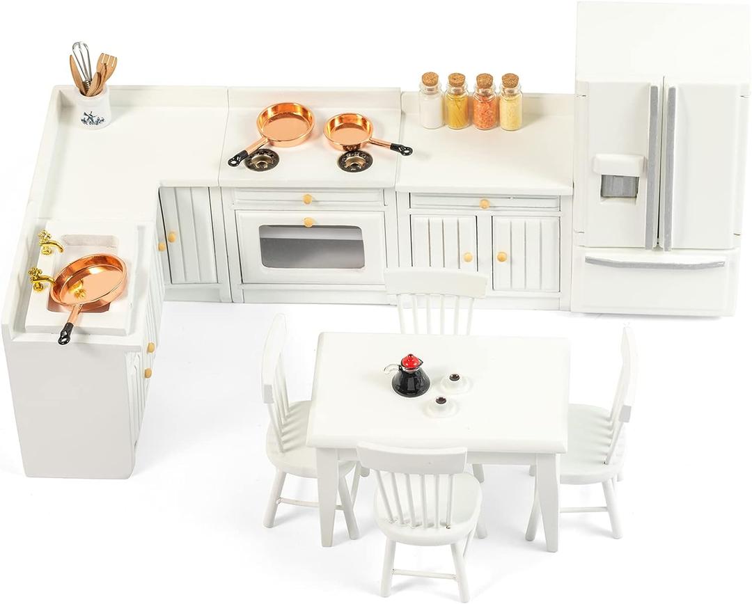 Wooden Dollhouse Furniture Set - Miniature Dollhouse Furniture 1 12 Scale for Dollhouse Kitchen - Doll House Furniture Toys Incl Kitchen Cabinets, Dining Table, Refrigerator and Others (White)