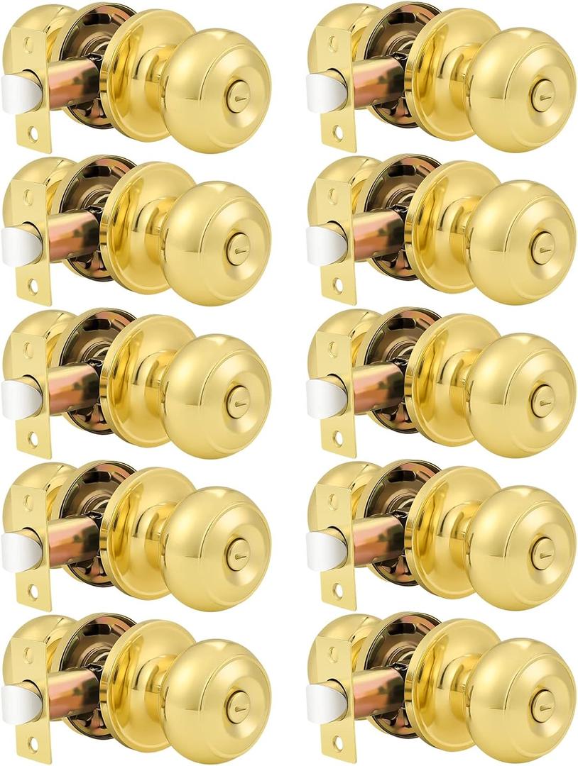Probrico 10 Pack Privacy Door Knobs Lock Interior Bedroom Bathroom Door Handle Polished Brass Round Ball Keyless Lockset
