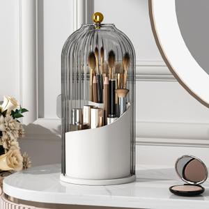 YOOLENS Makeup Brush Holder with Lid 360 Rotating Clear Dustproof Make Up Organizers for Vanity Bathroom Countertop, Gray