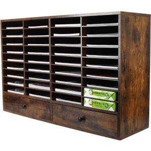 PAG Mail Sorter Organizer, Wood Literature Organizer, Student Mailbox for Classroom, Desktop Bill Paper Organizer for Office Home School, 38 Compartments, Antique Brown