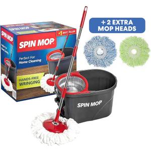 Simpli-Magic 79349 Spin Mop Cleaning System with 3 Microfiber Mop Heads, Red/GRAY,Red/Black
