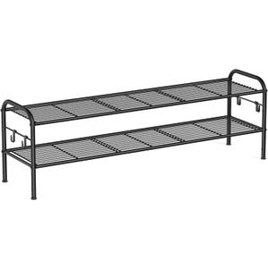 SONGMICS Shoe Rack, 2-Tier Shoe Organizer, Metal Shoe Shelf Storage with 4 Side Hooks, Holds 18 Pairs of Shoes, Height-Adjustable Shoe Rack for Entryway, Hallway, Closet, Ink Black ULMR121B01