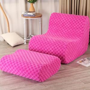 Accent Bean Bag Chair with Footstool, Modern Lazy Sofa Chair with Comfy Jacquard Shaggy Plush, Pink (Solid Foam)