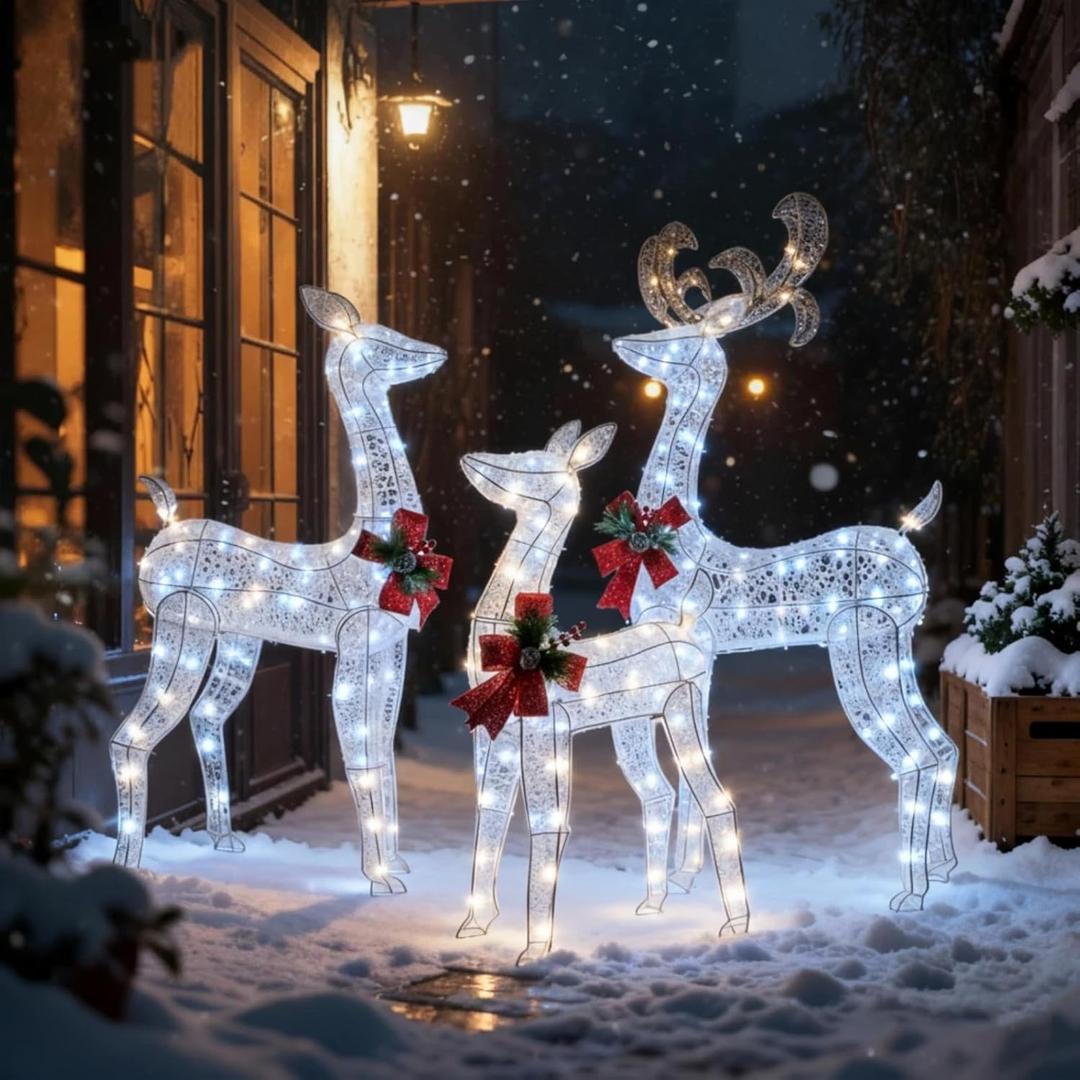 3-Piece Lighted Christmas Reindeer Set, 5FT Pre-Lit White Wire Frame Deer Family with 360 LED Lights, 3D Glittered Standing Holiday Display for Outdoor, Indoor, White