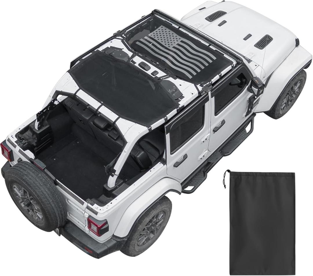 JOYTUTUS Mesh Sun Shade Top for Wrangler JL 4-Door (2018-2026), US Flag Sunshade, Custom-Fit Integrated No-Slip Straps for Easy Install, UV Blocking, Wind & Noise Reduction (Front & Rear)