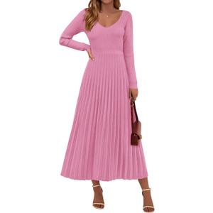 PRETTYGARDEN Women Sweater Dress Fall Fashion 2026 Long Sleeve V Neck Ribbed Knit Pleated A Line Elegant Maxi Winter Dresses (Pink, X-Large)