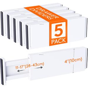 Lifewit 5 Pack 4" High Drawer Dividers 28-43.5cm/11-17" Adjustable Drawer Organizer for Clothes/Utensils, Expandable Drawer Separator in Dresser/Kitchen/Bedroom/Office Organization & Storage White