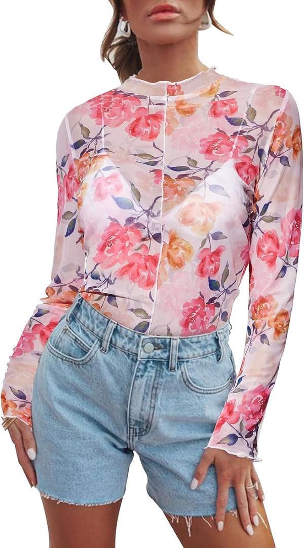 Women's Sheer Floral Long Sleeve Layering Top Ruffled Mock Neck Sheer Blouse for Casual Brunch Party Club Night Date Outfits (S)