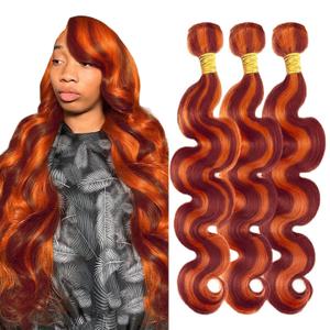 P33/350 Highlight Body Wave Bundles Reddish Brown Mixed Orange Bundles 14 16 18 Inch 12A Unprocessed Brazilian Virgin Hair 3 Bundles Human Hair Extensions Copper Red Ginger Color 300g Total