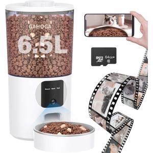 Automatic Cat Feeder with Camera and App, 6.5L 2K HD Timed Pet Feeder, Automatic Dog Feeder with 2-Way Audio for Cats/Small Dogs, Cat Food Dispenser with Night Vision/Motion Alerts, WiFi 2.4G/5G