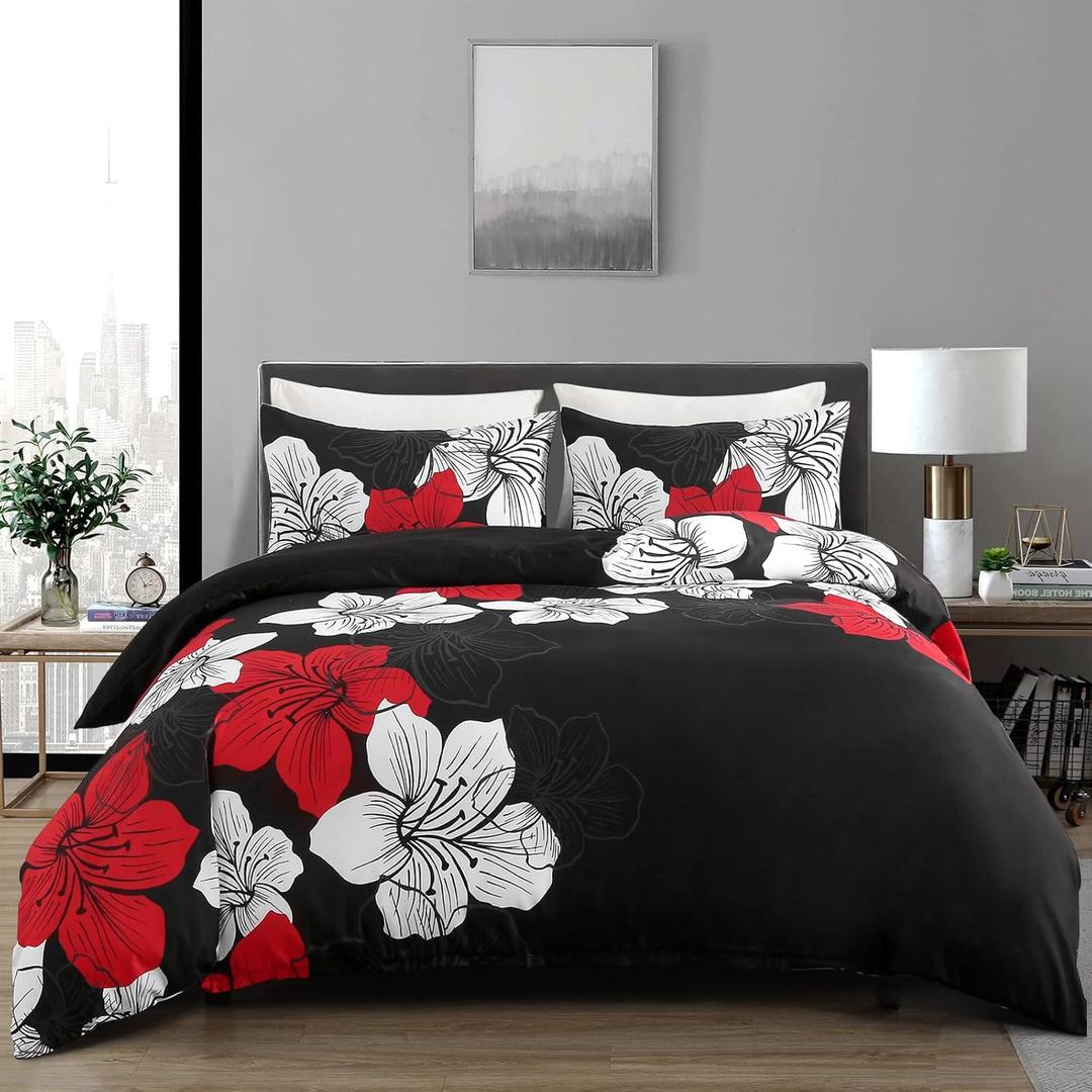 Menghomeus King Size Comforter Set Red Floral Bedding Comforter Sets - Soft Microfiber Bed Comforter Set for All Season, 3 Piece Botanical Flowers Comforter, Pillowcases
