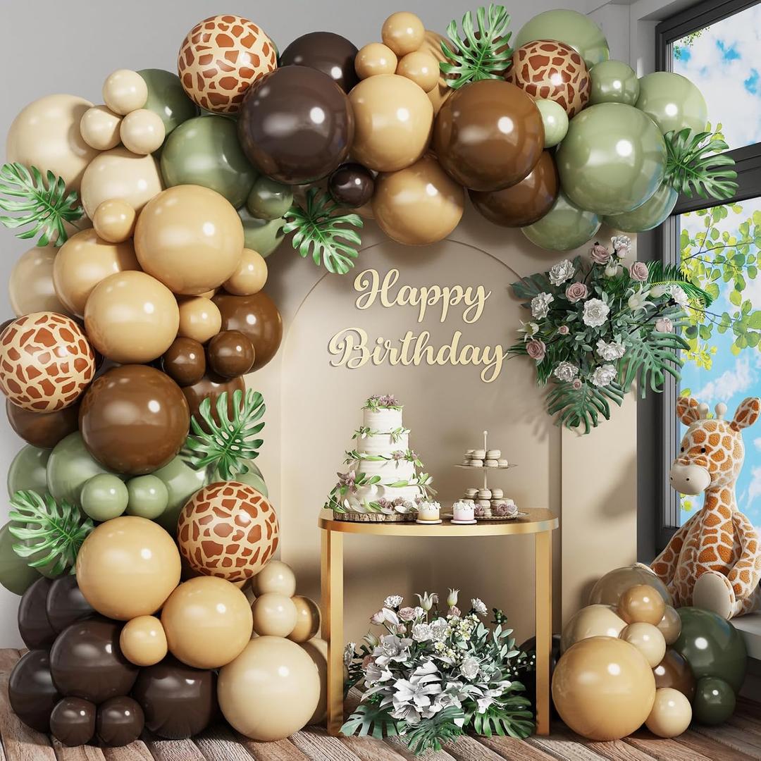 Sage Green Brown Balloon Garland Kit Olive Green Gold Safari Balloons Arch Animal Print Balloons Woodland Camo Army Green Dark Brown Coffee Nude Balloon for Jungle Hunting Wild Birthday Decor (Green Sand White)