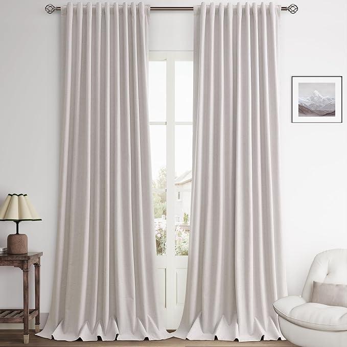 100% Blackout Curtains 90 Inches Long Textured Elegant Blue Linen Neutral Back Tab Thermal Insulated Drapes for Boys Bedroom Dining Living Room Darkening Sliding Glass Door Noise Reducing Curtains (52"W x 90"L (Pack of 2))