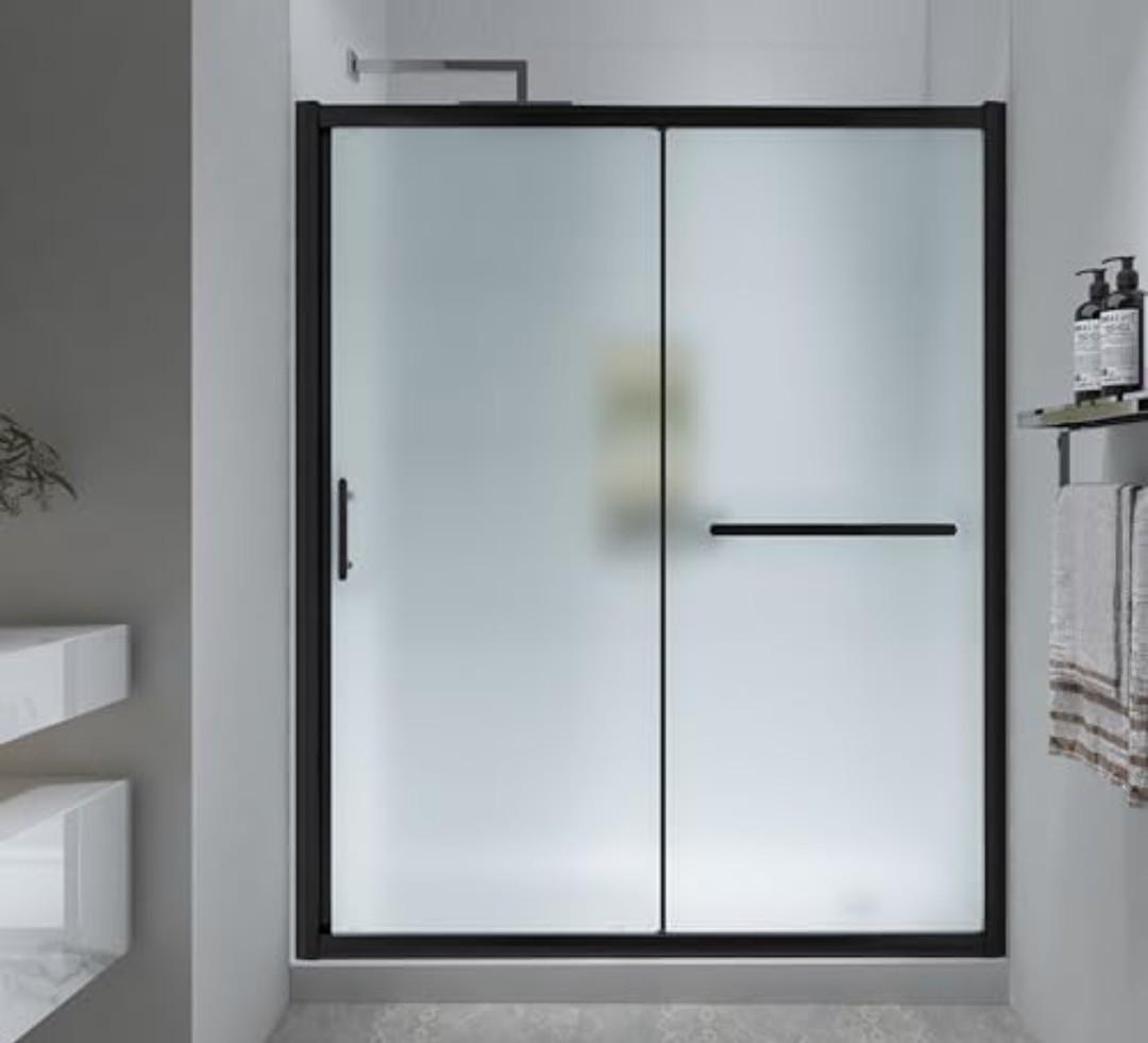 FELYL Frosted Sliding Shower Door 55-60" W x 72" H, Matte Black, Single Sliding Door, Framed, 1/4" (6mm) SGCC Tempered Glass, Reversible Installation