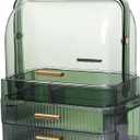 Cosmetics Box Large Makeup Organizer Drawers Portable Handle Display Cases(Clear-Green)