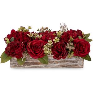 Flower Arrangement with Wooden Vase 14" Artificial Flowers in Pot - Fake Flowers Roses Peonies Hydrangeas in Wooden Vase Potted Artificial Flower Centerpieces for Table Decor Living Room - Red