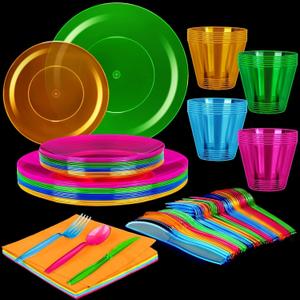 Kochorie 252 PCS Neon Party Supplies Serves 36 Including 7.5 & 10.25 In Disposable Plastic Neon Plates 9 Oz Cups Cutlery Napkins Tableware Set Dessert Cake Plates for Blacklight Party Birthday