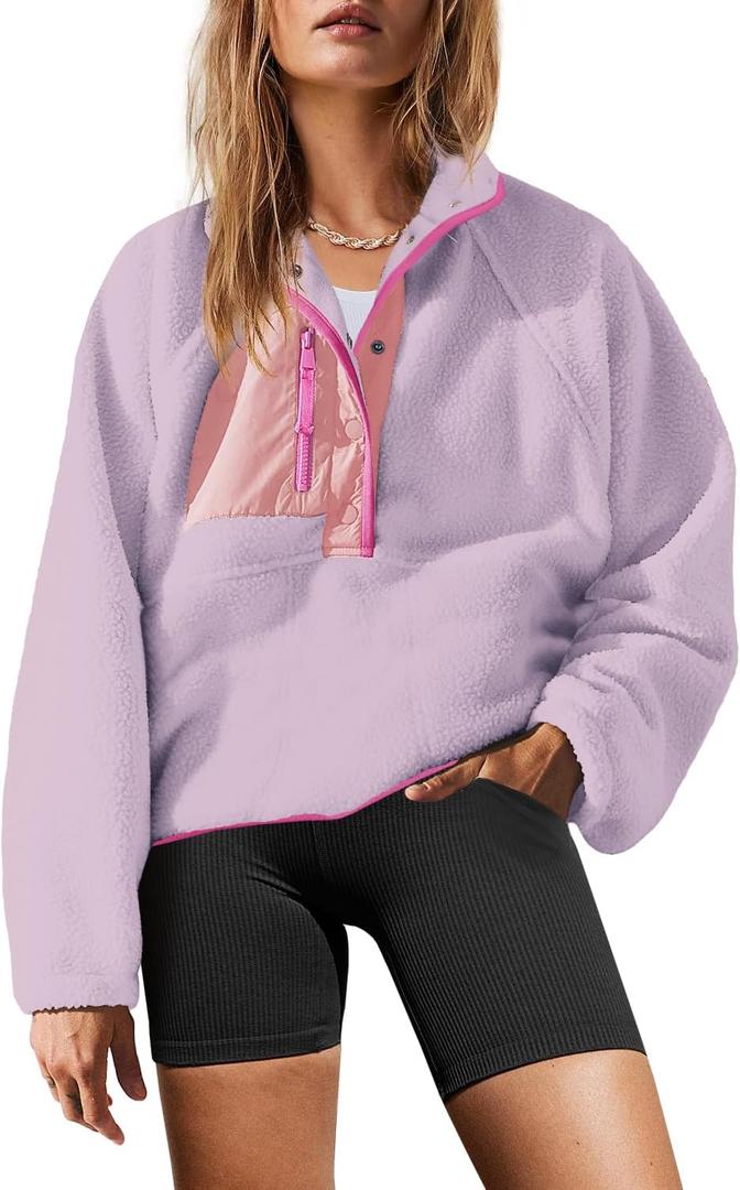 Yanekop Womens Fuzzy Fleece Pullover Sherpa Sweatshirt Long Sleeve Button Down Sweater Winter Fleece Jacket with Pockets, Small