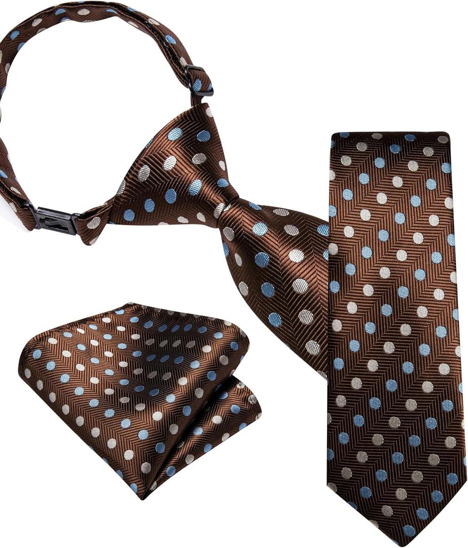 Barry.Wang Pre-Tied for Boys Solid Neckties and Pocket Square Set Adjustable Ties 15'' Teenager School Graduation Performance (Brown Polka Dots)