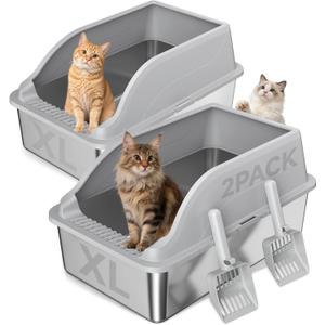 2PACK Stainless Steel Cat Litter Boxes, Large Metal Litter Box with High Sides Lid, Odor Free Litter Pan Include Scoop Easy Cleaning Anti-Scratch Kitty Cat Box Anti-Urine Leakage, Non-Sticky (Light Grey(23in))