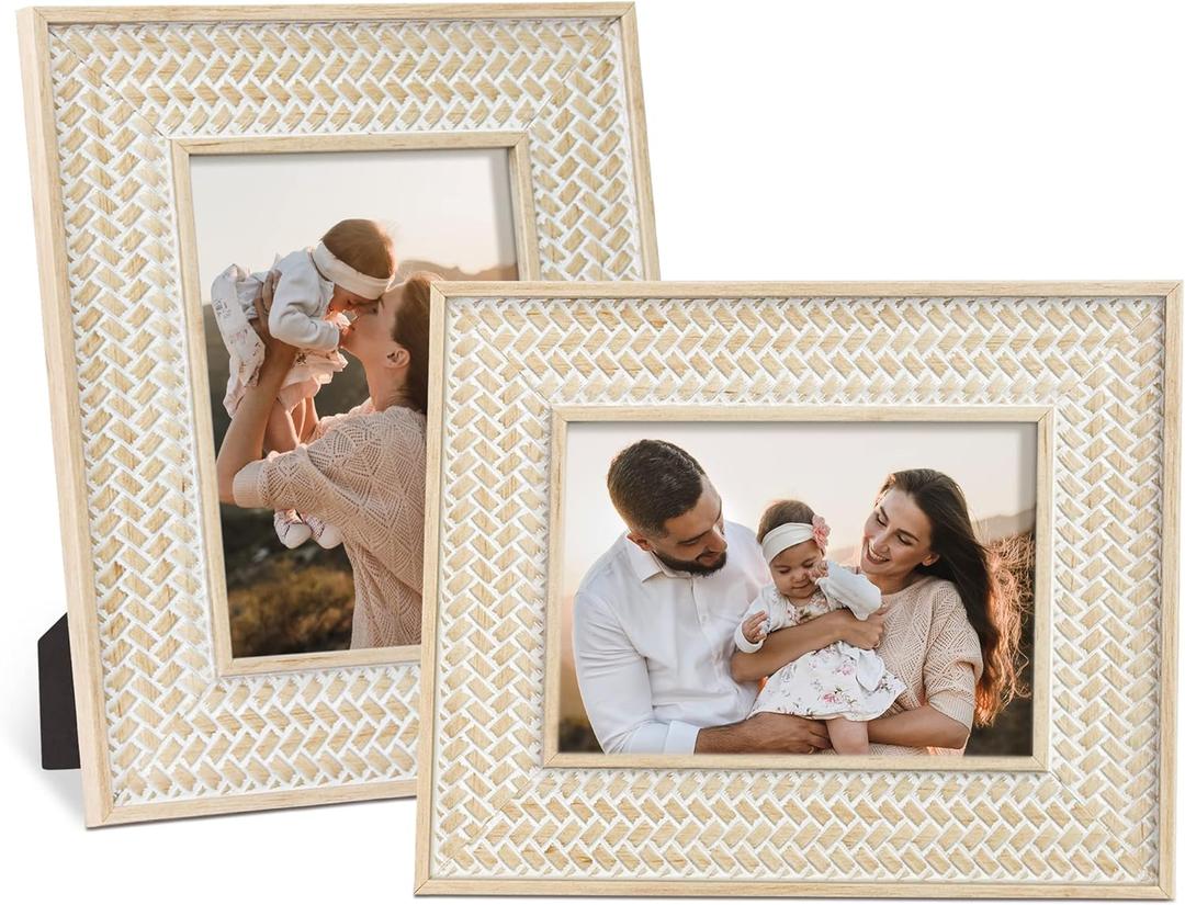 takfot Boho Picture Frames 5x7 Family Picture Frame 2 Pack, Bohemian Rattan Decor Farmhouse Wood Frames for Wall Mount or TableTop Gift for Mom Grandma Women Family